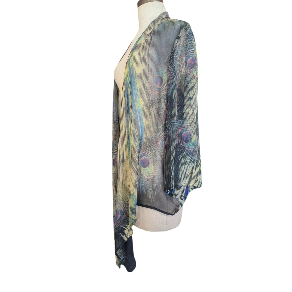 Chenault sheerchiffon peacock Kimono jacket duster, W/ knot/tie front. Medium. - Picture 6 of 16